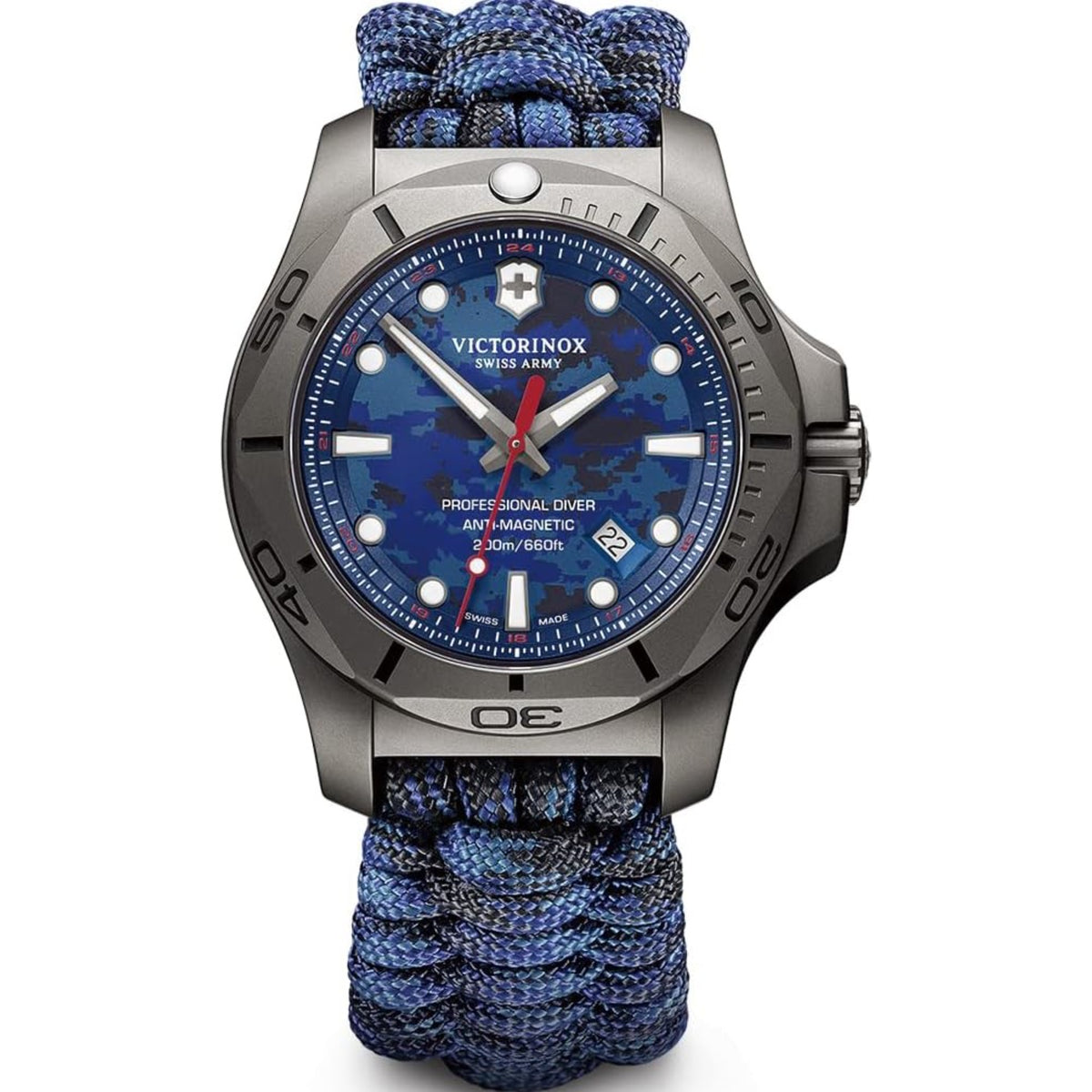 Victorinox men’s quartz dive watch with blue camo dial and blue paracord strap