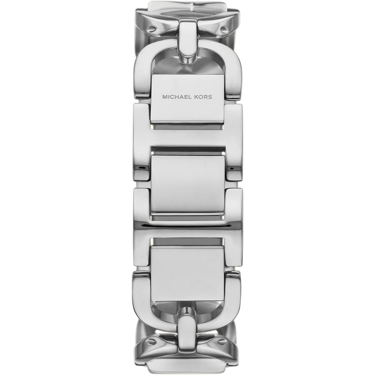 Michael Kors Empire MK7407 rear view displaying the polished stainless steel link bracelet and integrated foldover clasp