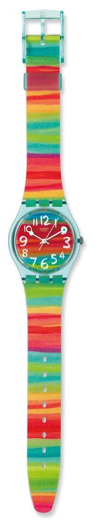 Ladies rainbow stripe analog watch with red dial and multicolor strap, side view