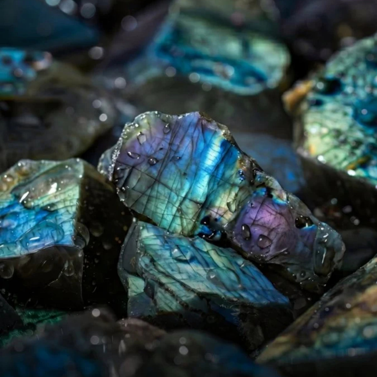 Nivada Grenchen F77 MK2 68054A77-DR macro view of raw labradorite mineral stone background