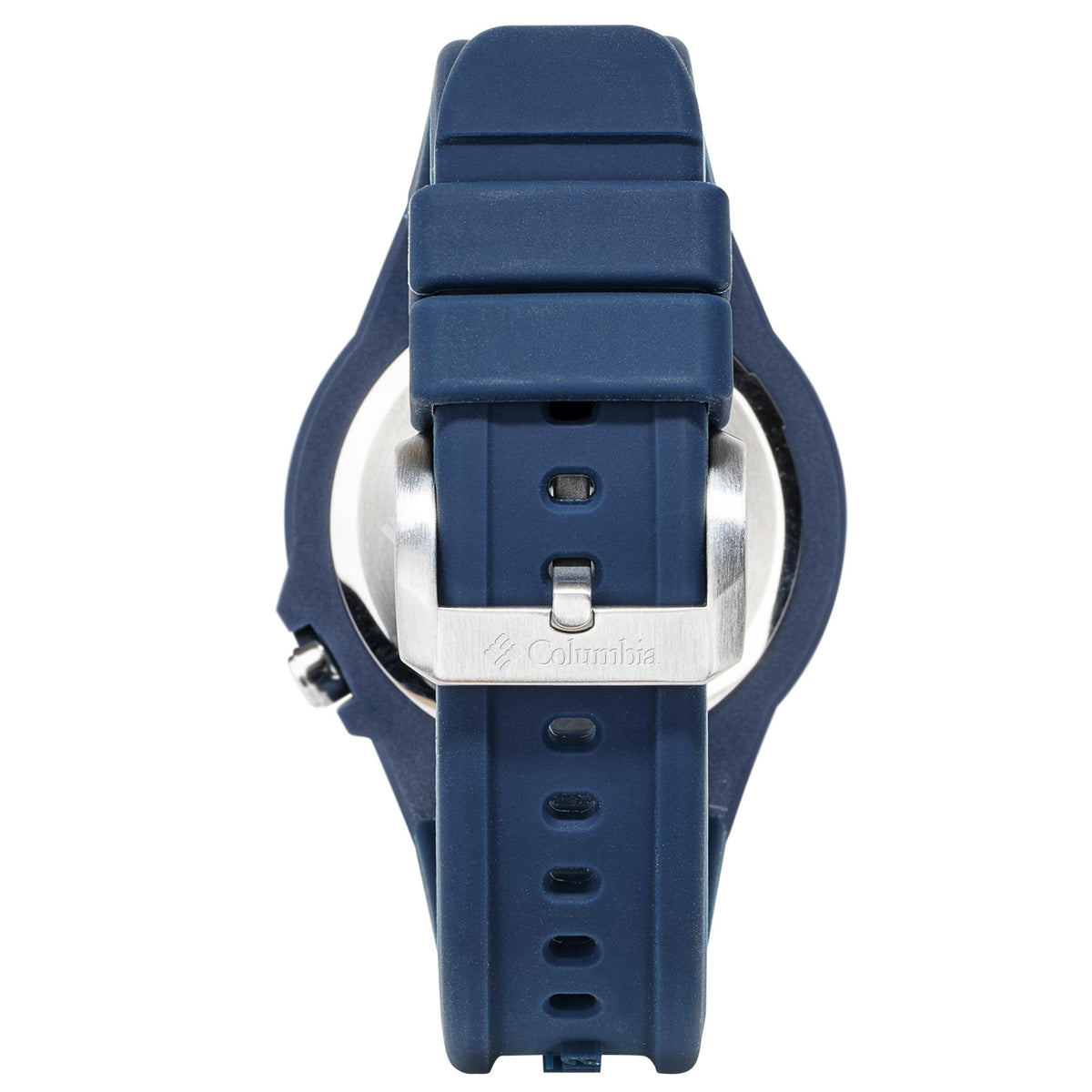 Columbia watch with blue silicone band and buckle clasp, top view