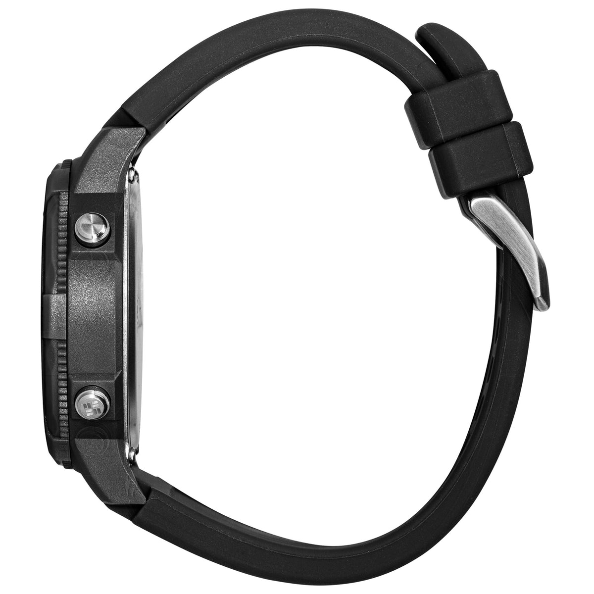 Black silicone strap watch viewed from the side with metal buttons and buckle