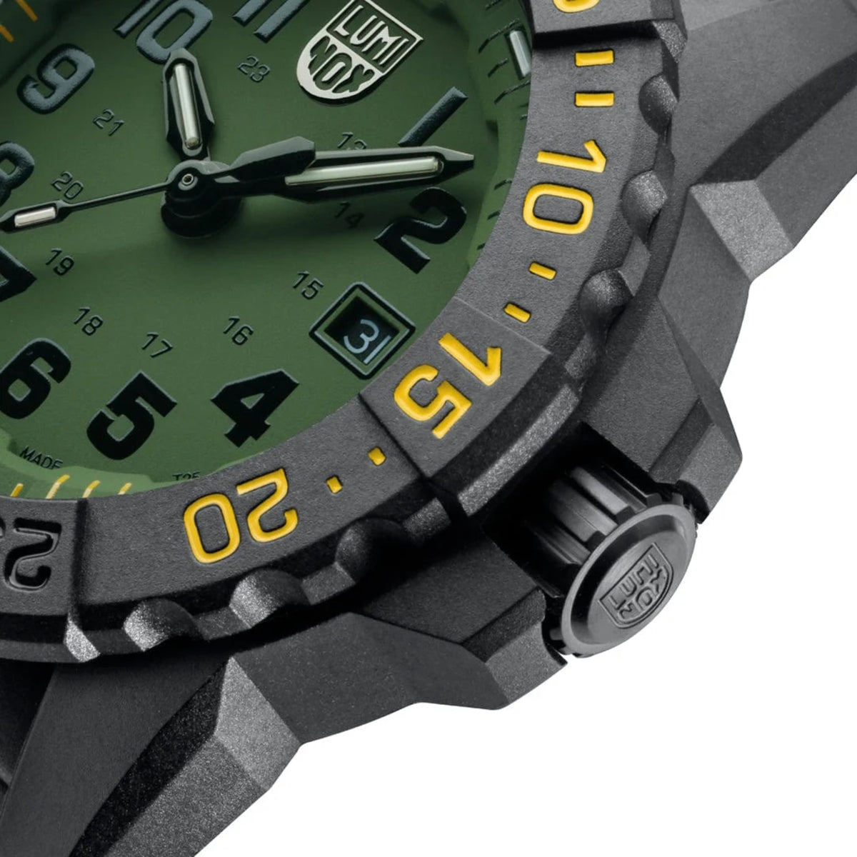 Luminox Navy SEAL Foundation watch side view with green dial and yellow minute markers