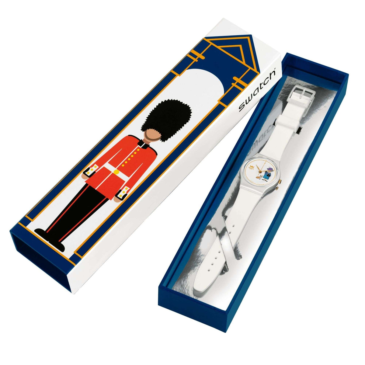 Swatch watch packaging set showing white watch with silicone strap