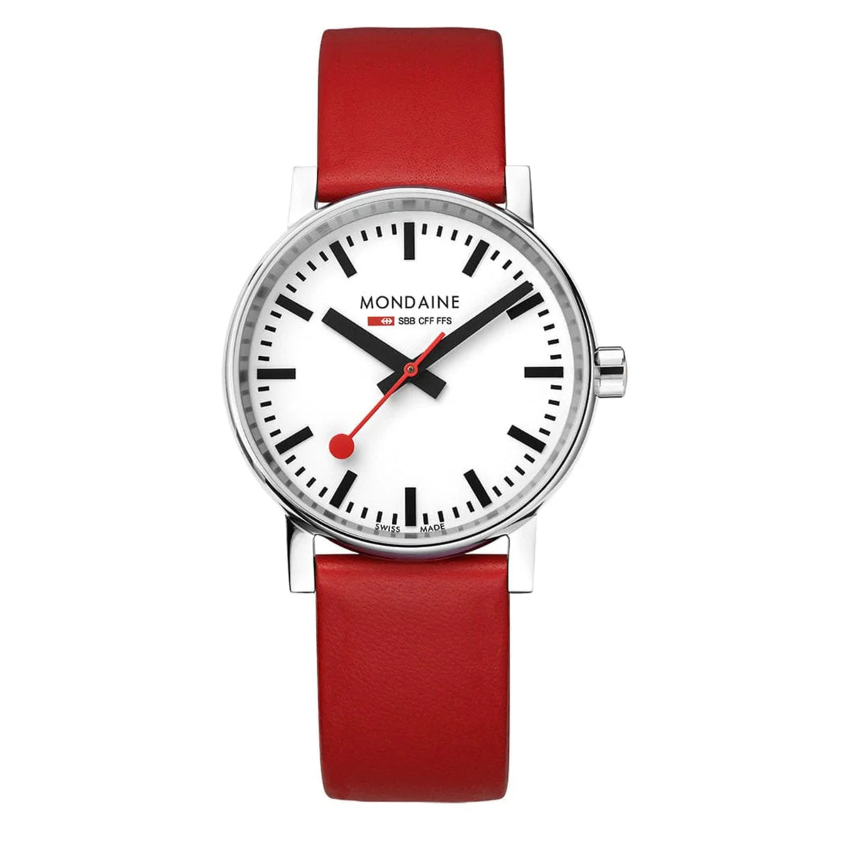 Mondaine Evo2 MSE.35110.LCV front view displaying white dial and red strap