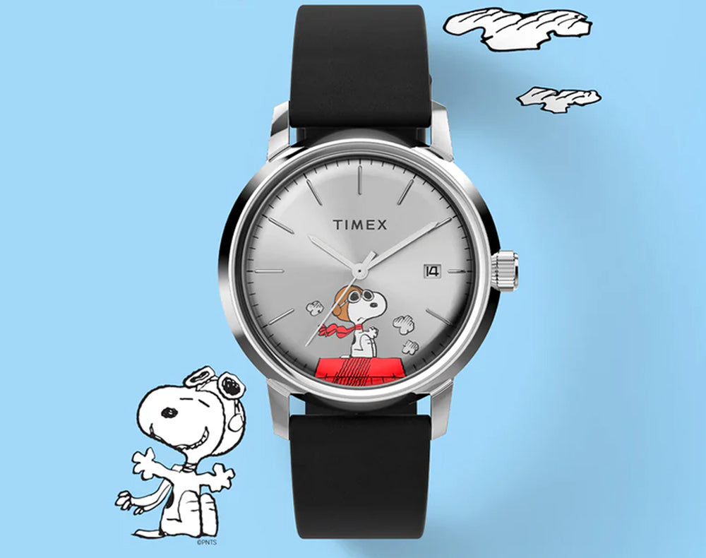 Timex x Peanuts silver watch featuring Snoopy Flying Ace on a red doghouse with black strap