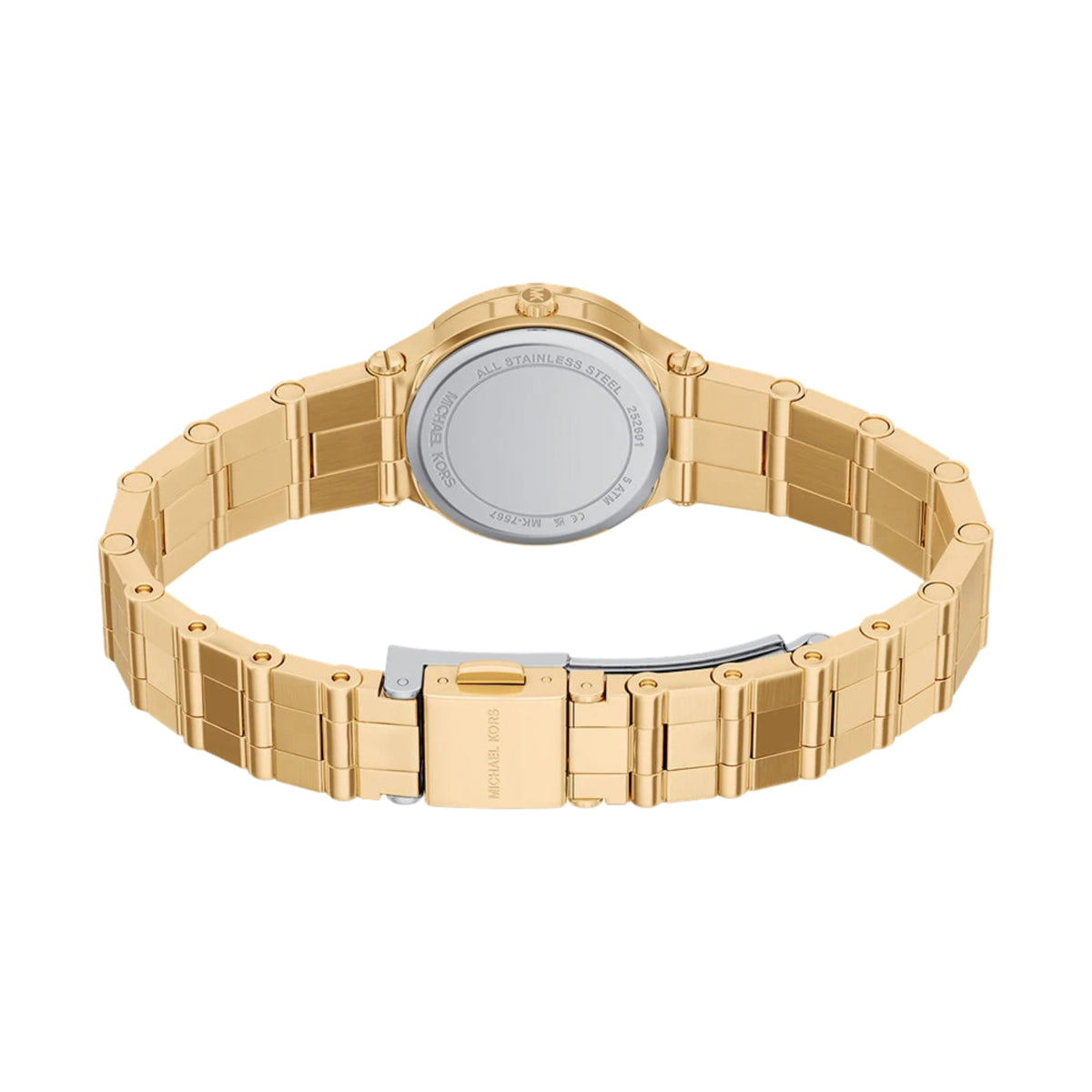 Michael Kors Billie MK7567 inner band perspective displaying the brushed case back and gold-tone bracelet closure