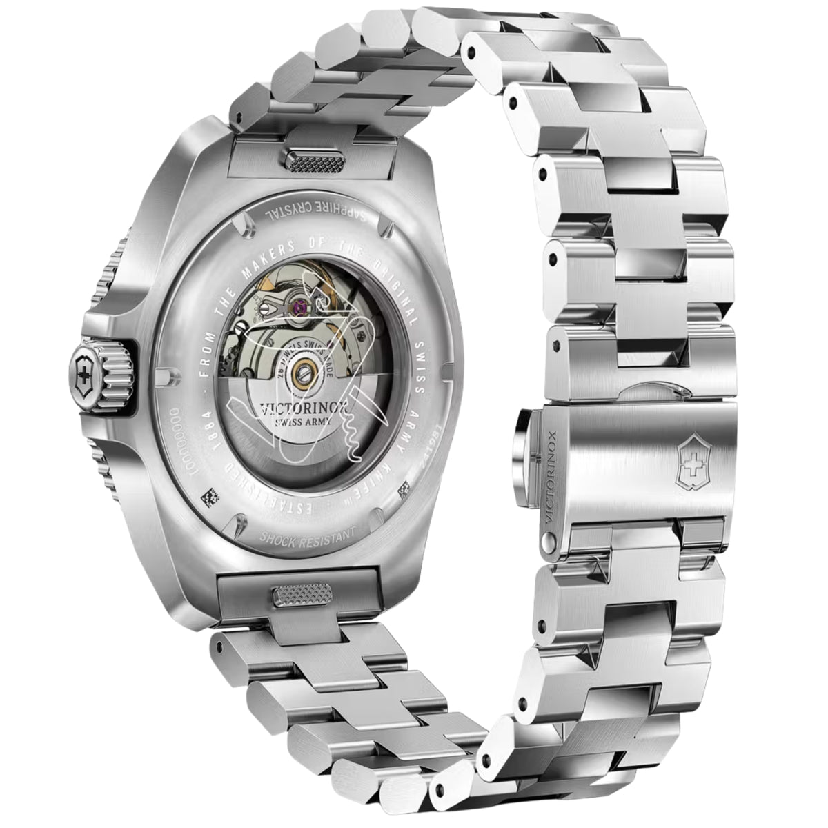 Exhibition caseback of a silver Victorinox automatic watch showing its mechanical movement and stainless steel bracelet