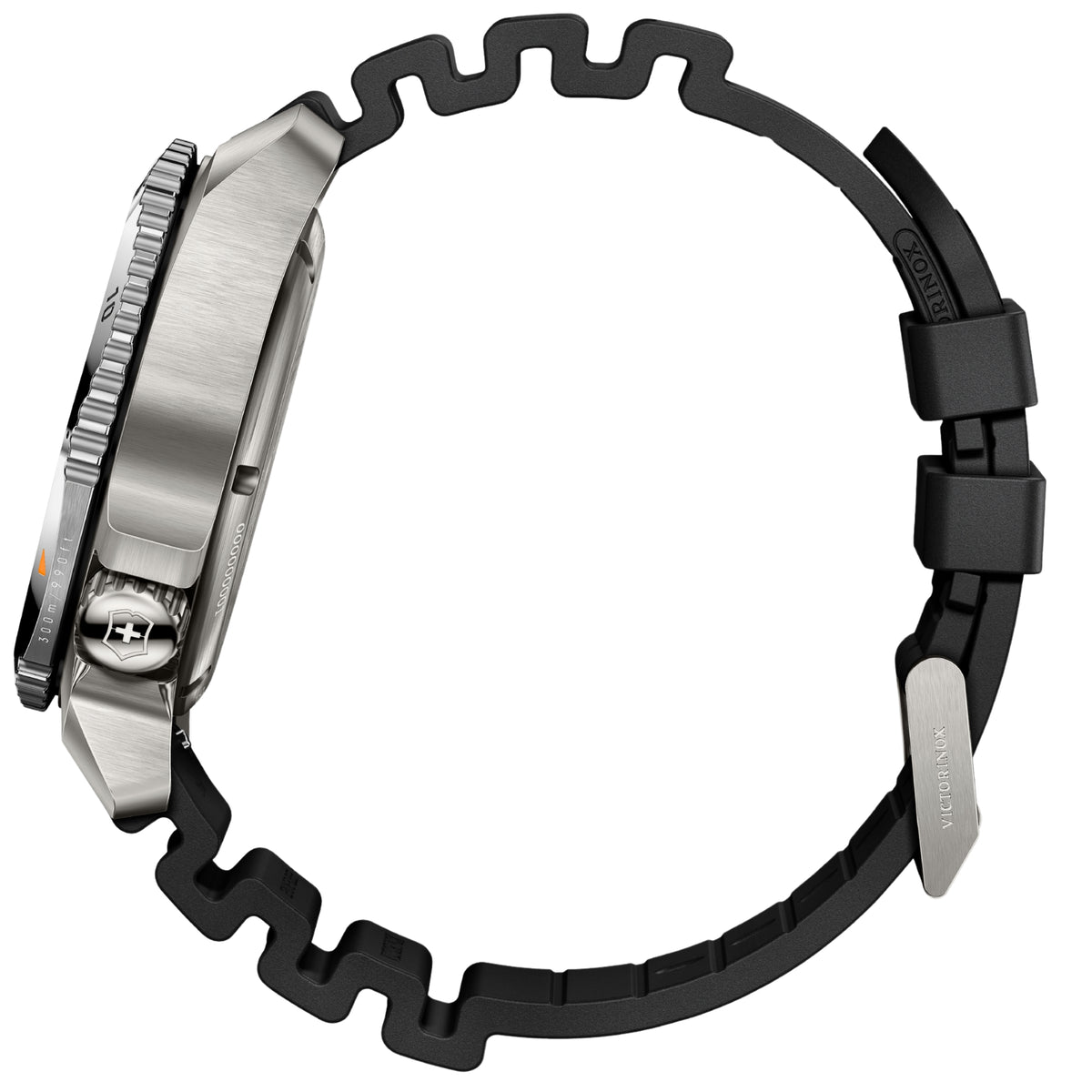 Side view of men's diving watch with black rubber strap and stainless case
