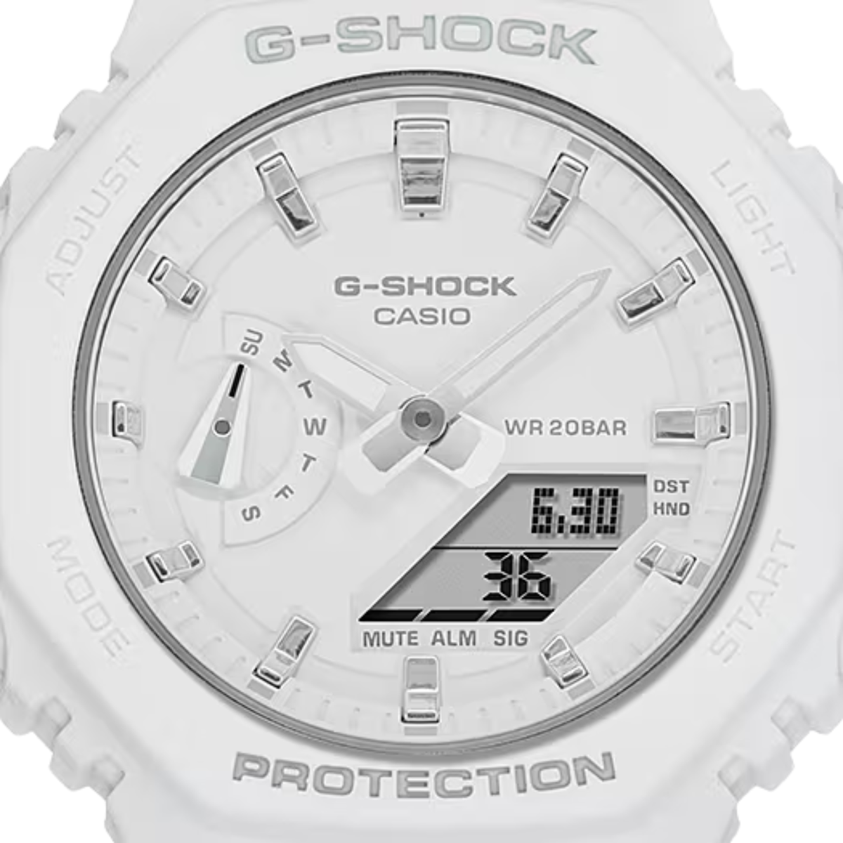 Casio G-Shock GMA-S2100-7AER close-up view of white dial screen showing analogue hands and digital display