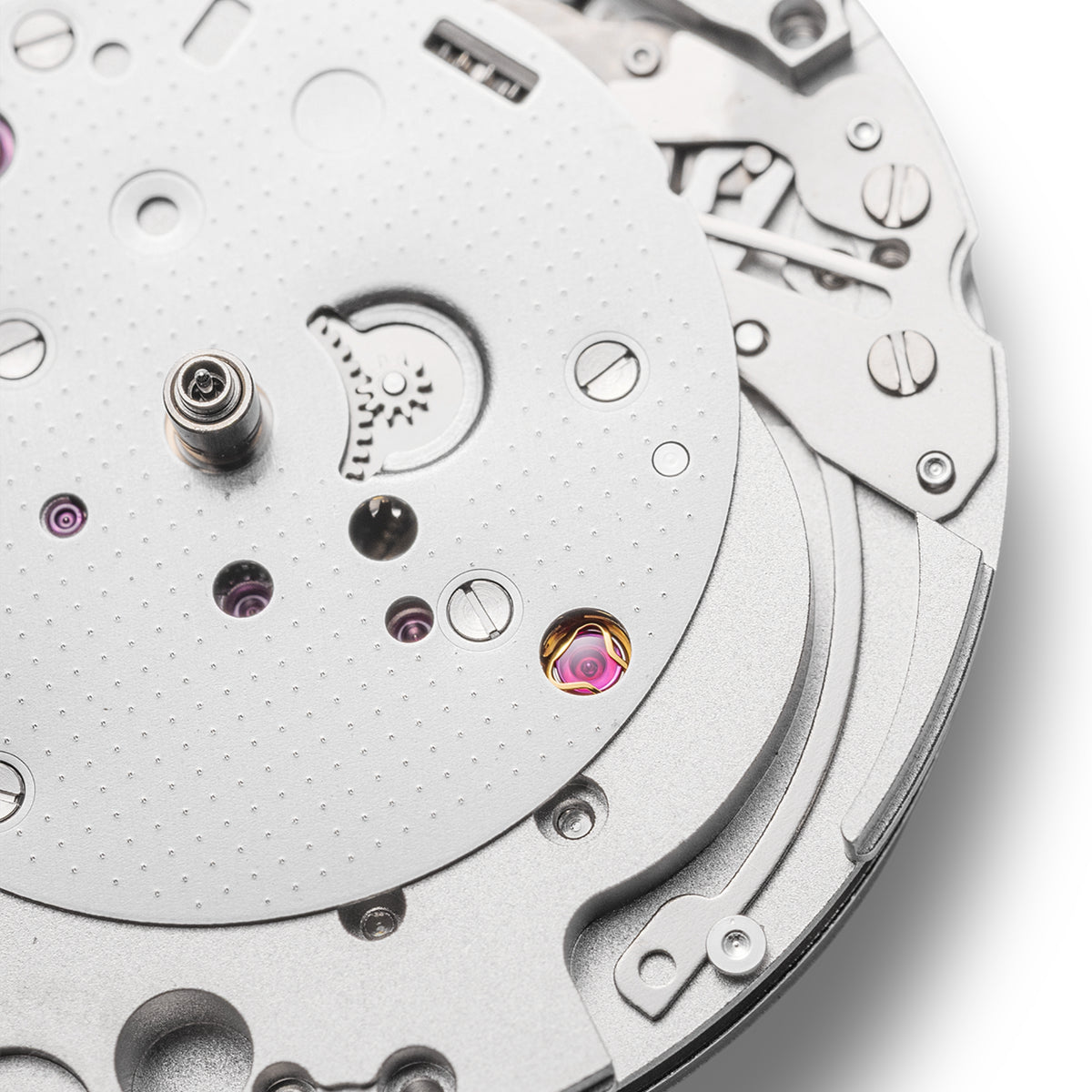 Nivada Grenchen F77 MK2 68062A77-DR extreme close-up view of intricate automatic watch caliber assembly