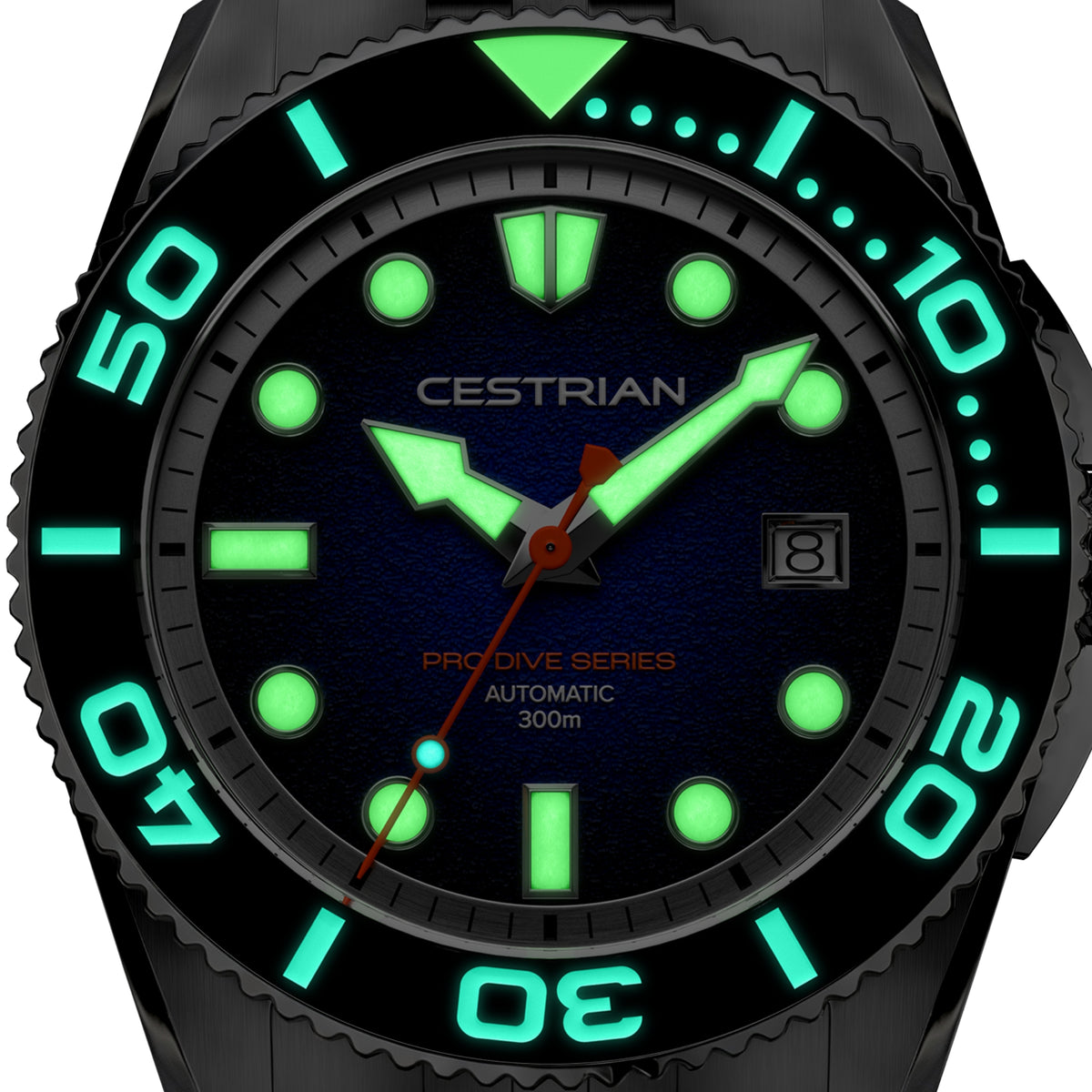 Men's dive watch close-up with dark blue dial, green luminous markers, and date window.