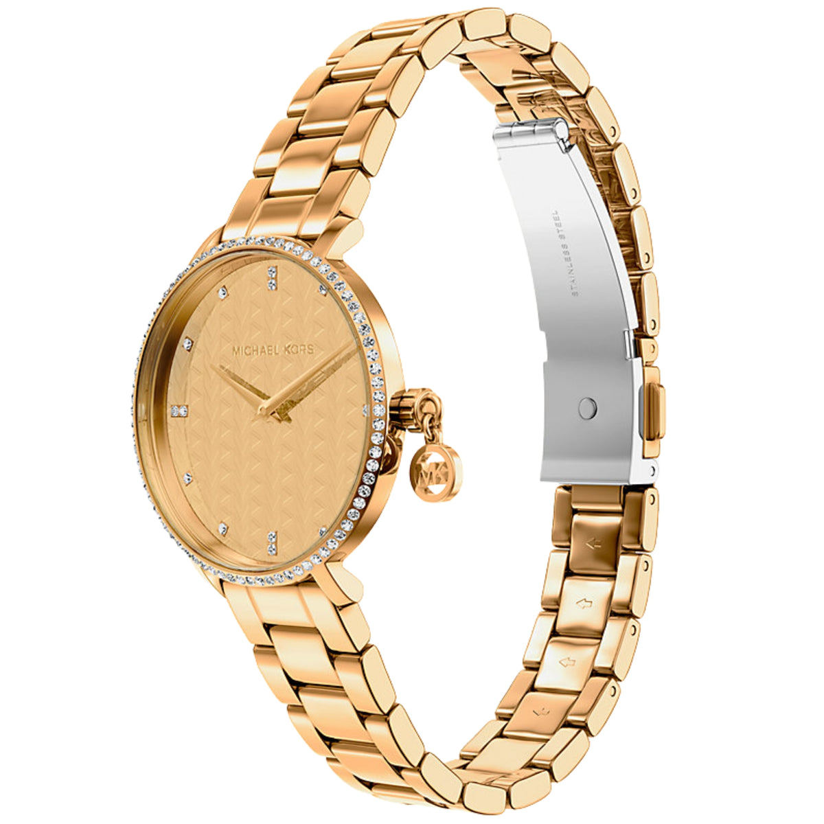Michael Kors Pyper MK7572 three-quarter angle view displaying the textured gold dial, MK charm embellishment, and bracelet clasp