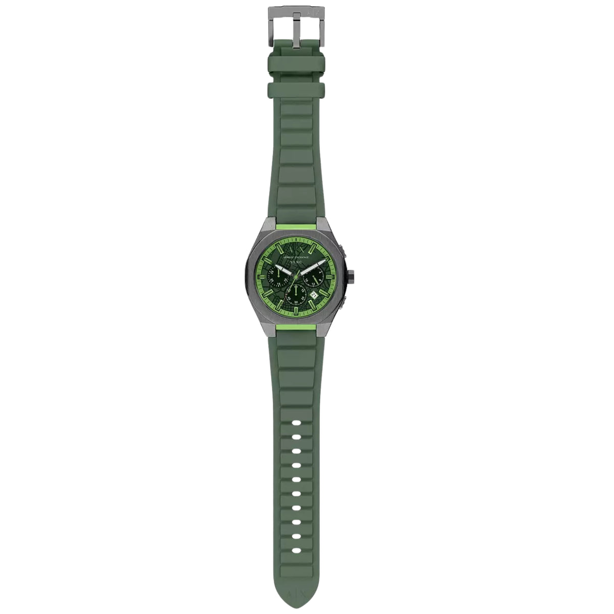Armani Exchange Sync green silicone strap chronograph watch displayed with full band length