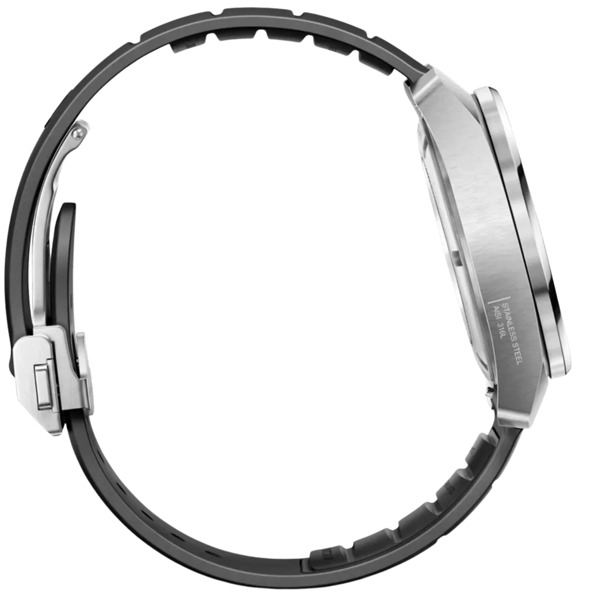 Black and silver watch case with rubber strap and crown side details