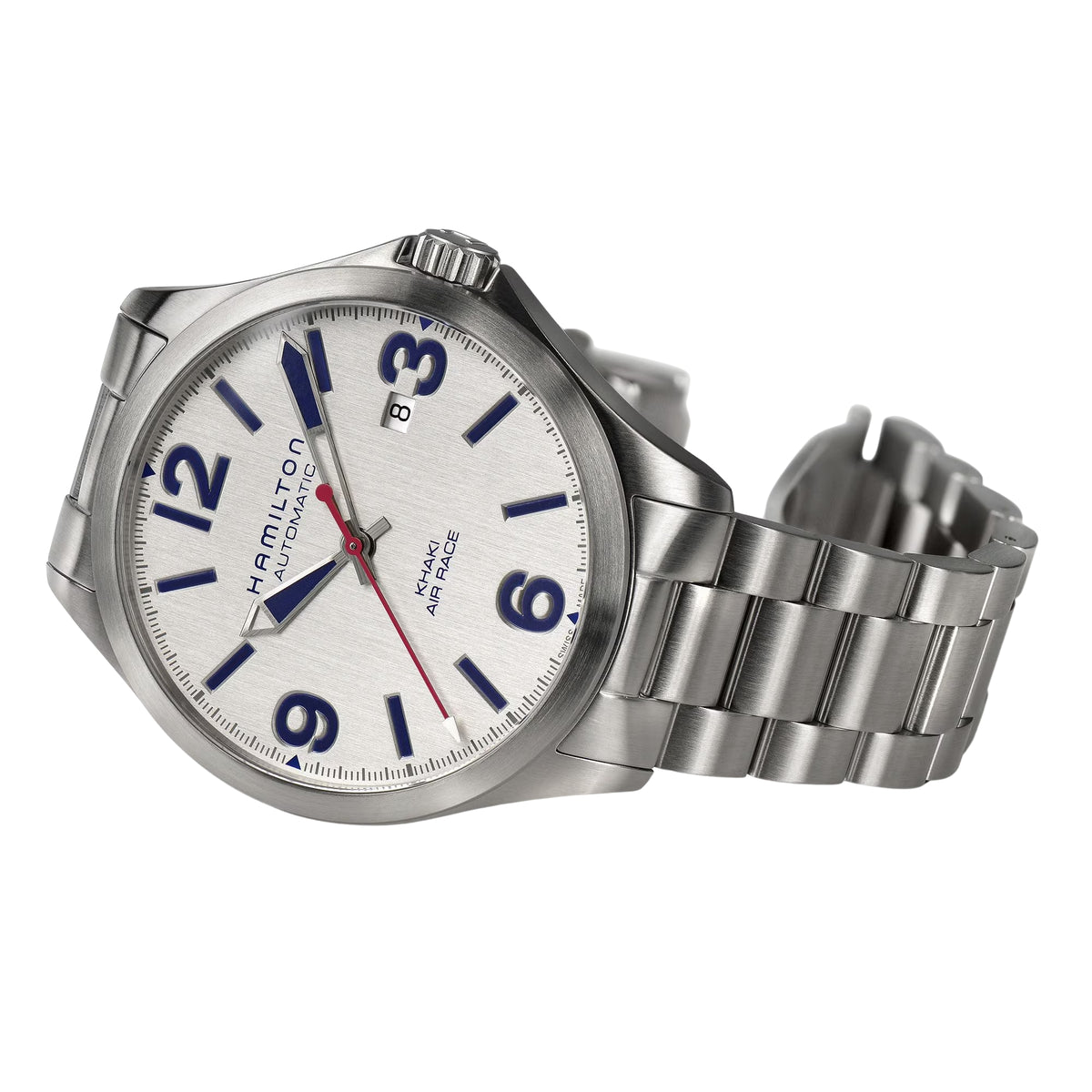 Men's stainless steel watch with white dial, blue hour marks, red second hand