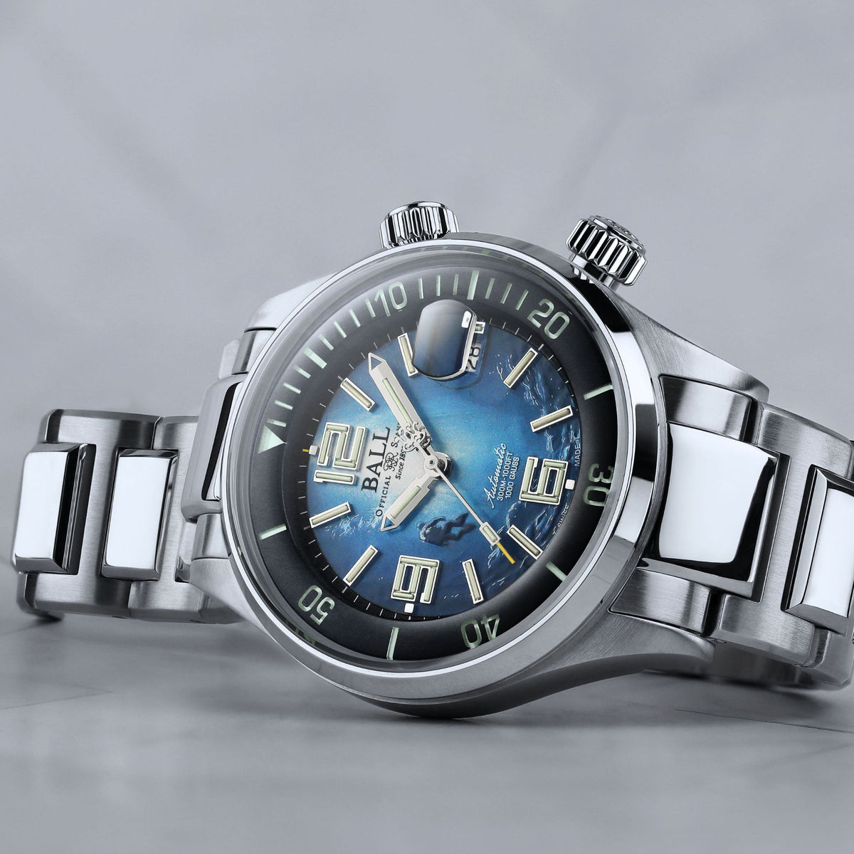 Detailed view of BALL Engineer Master II Diverwith large numerals and diver silhouette