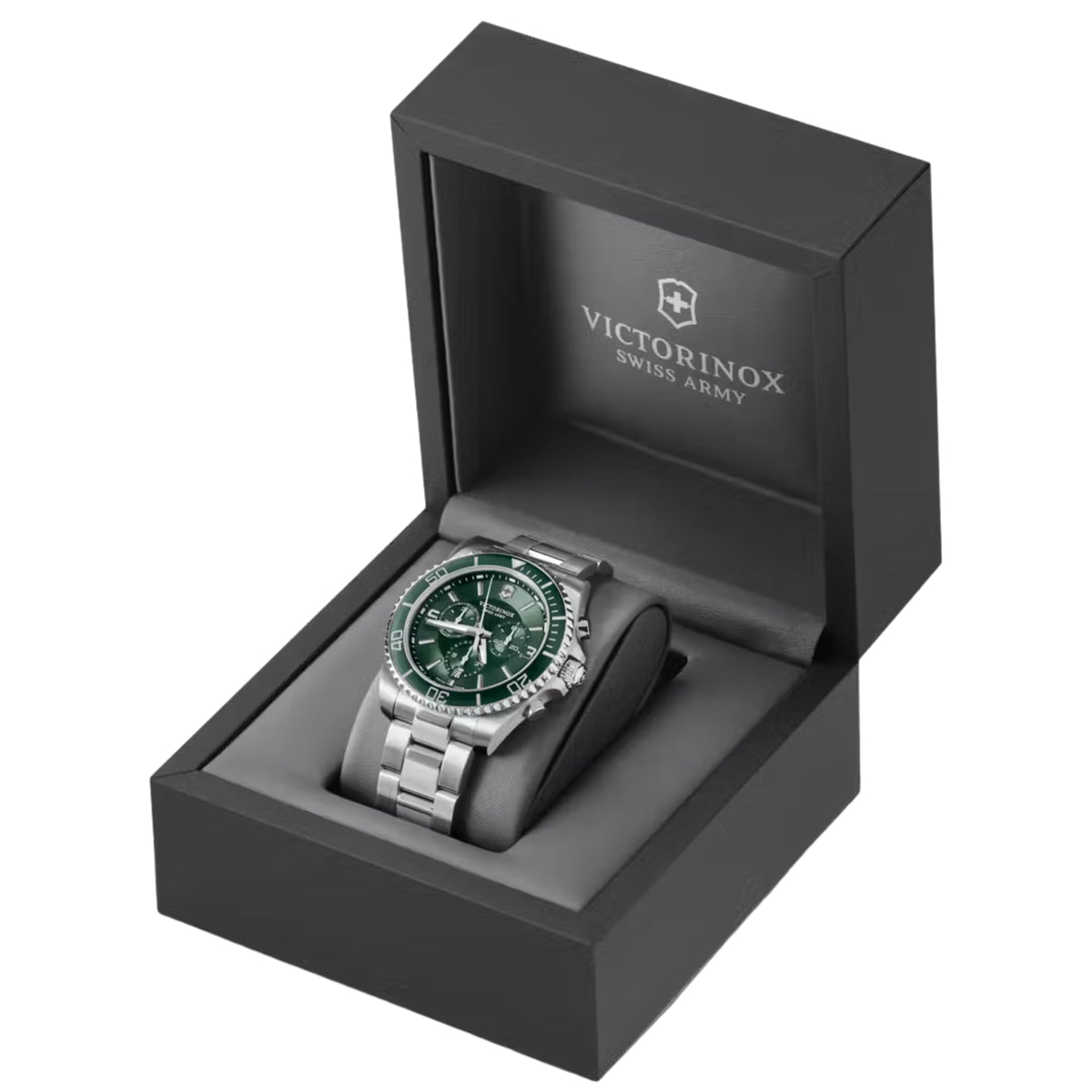 Men's green dial chronograph quartz watch in presentation box with stainless steel bracelet