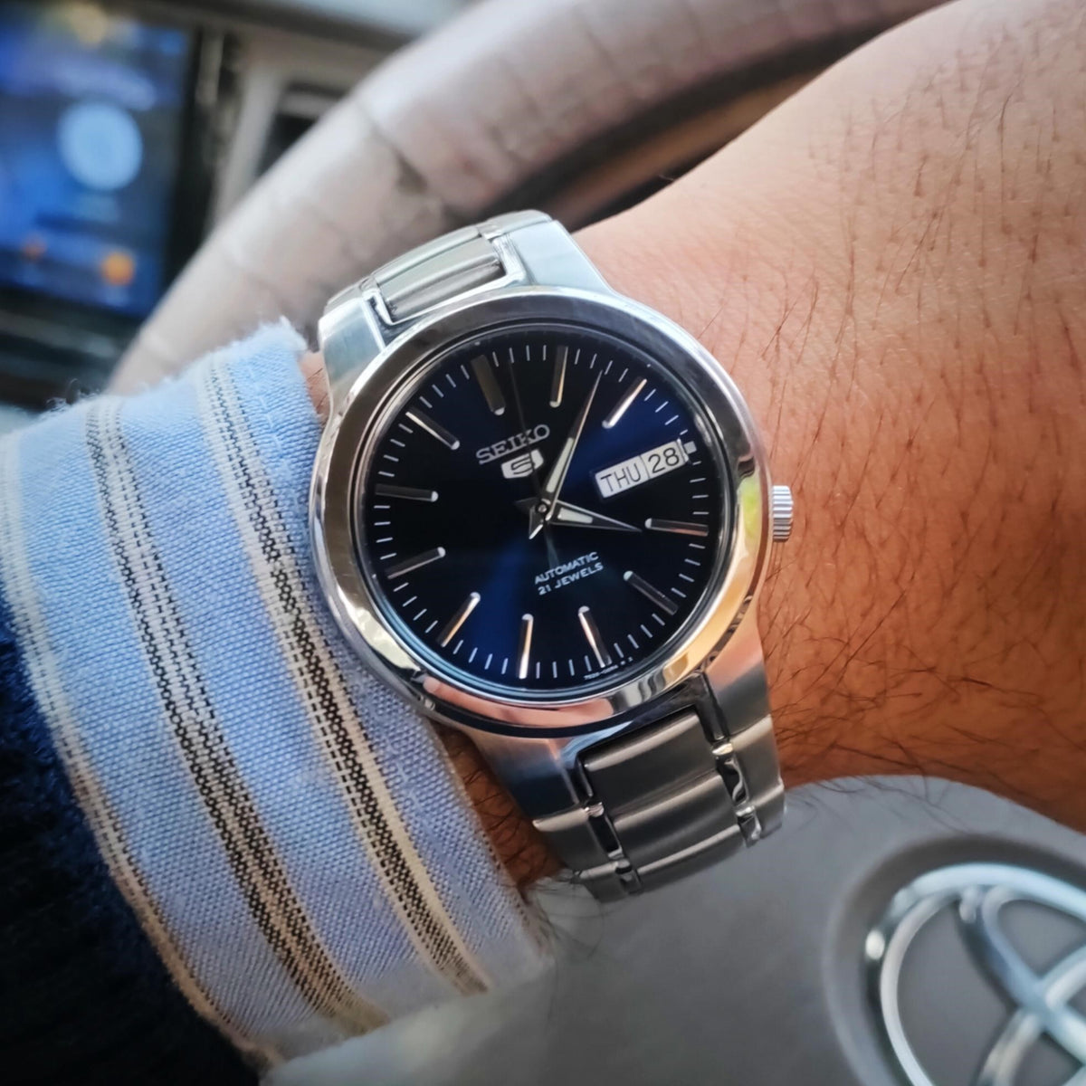 Seiko 5 SNKA05K1 mens wristwatch with a blue dial displayed on a wrist