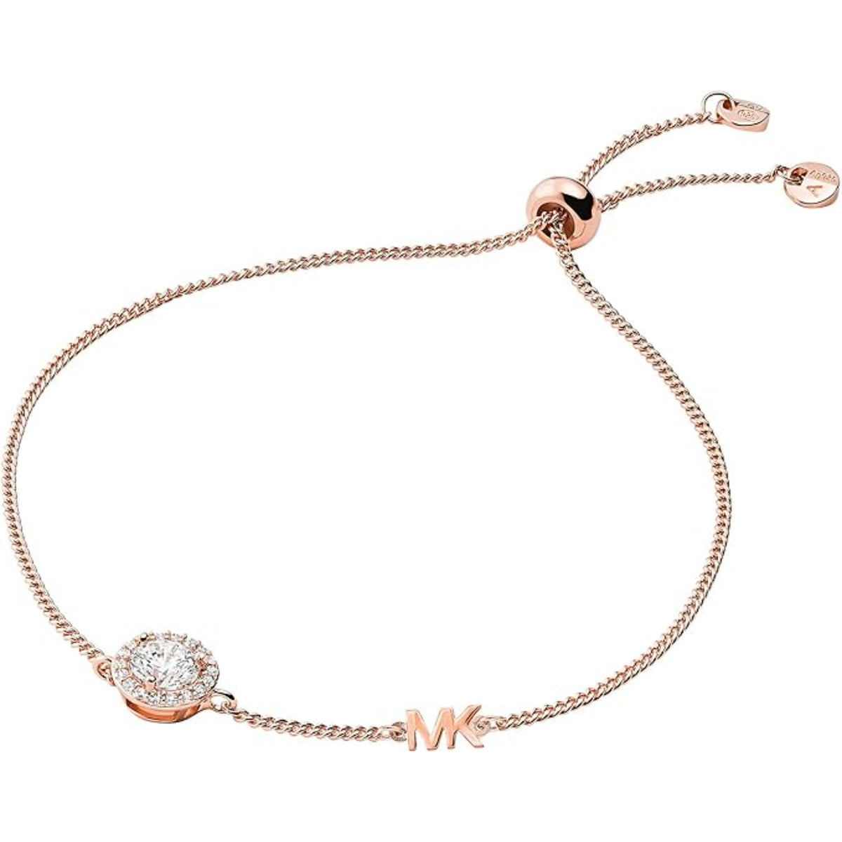 Rose-gold tone halo slider bracelet with heart bead, round crystal accents, and M charm