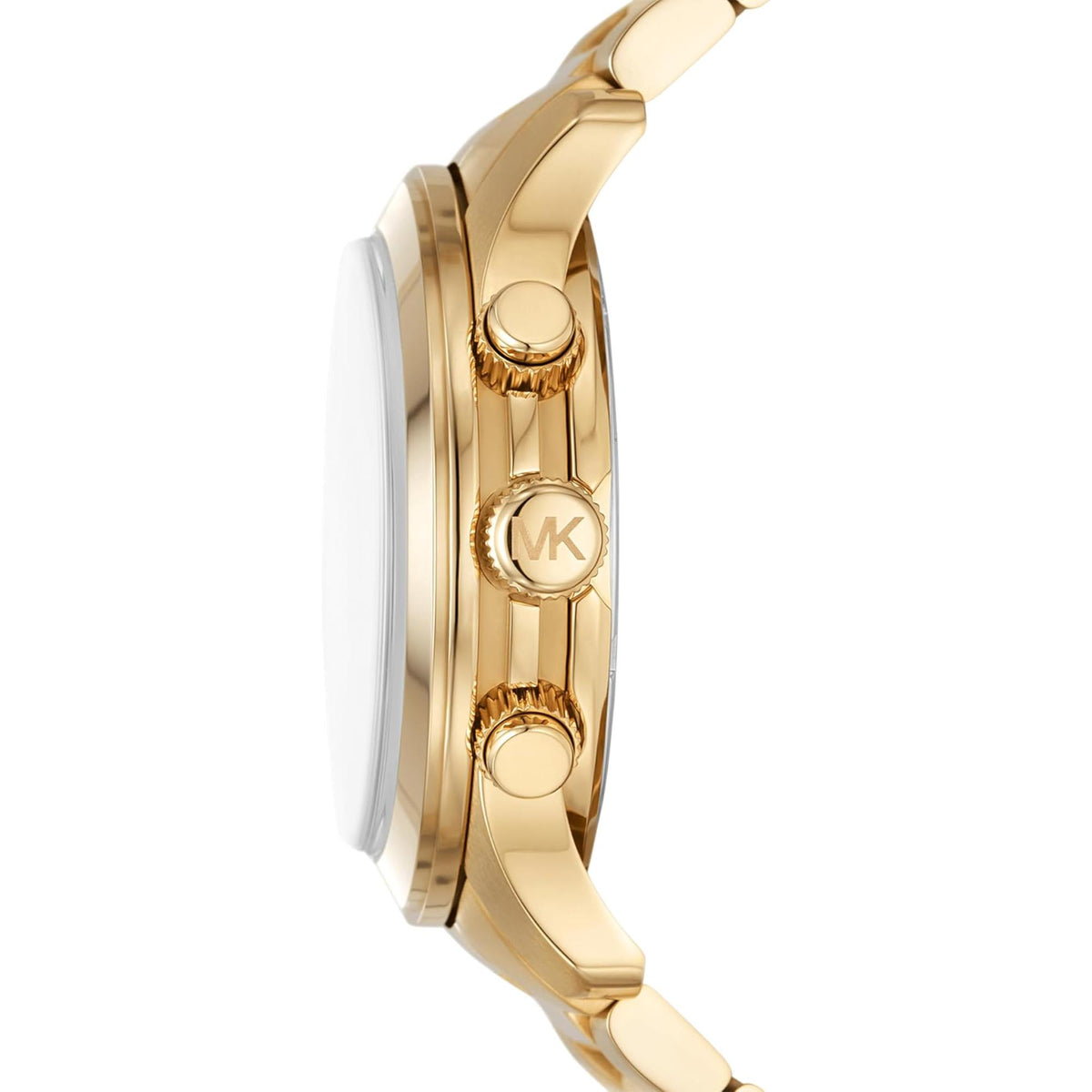 Gold chronograph men’s watch with steel strap and crown, side view.