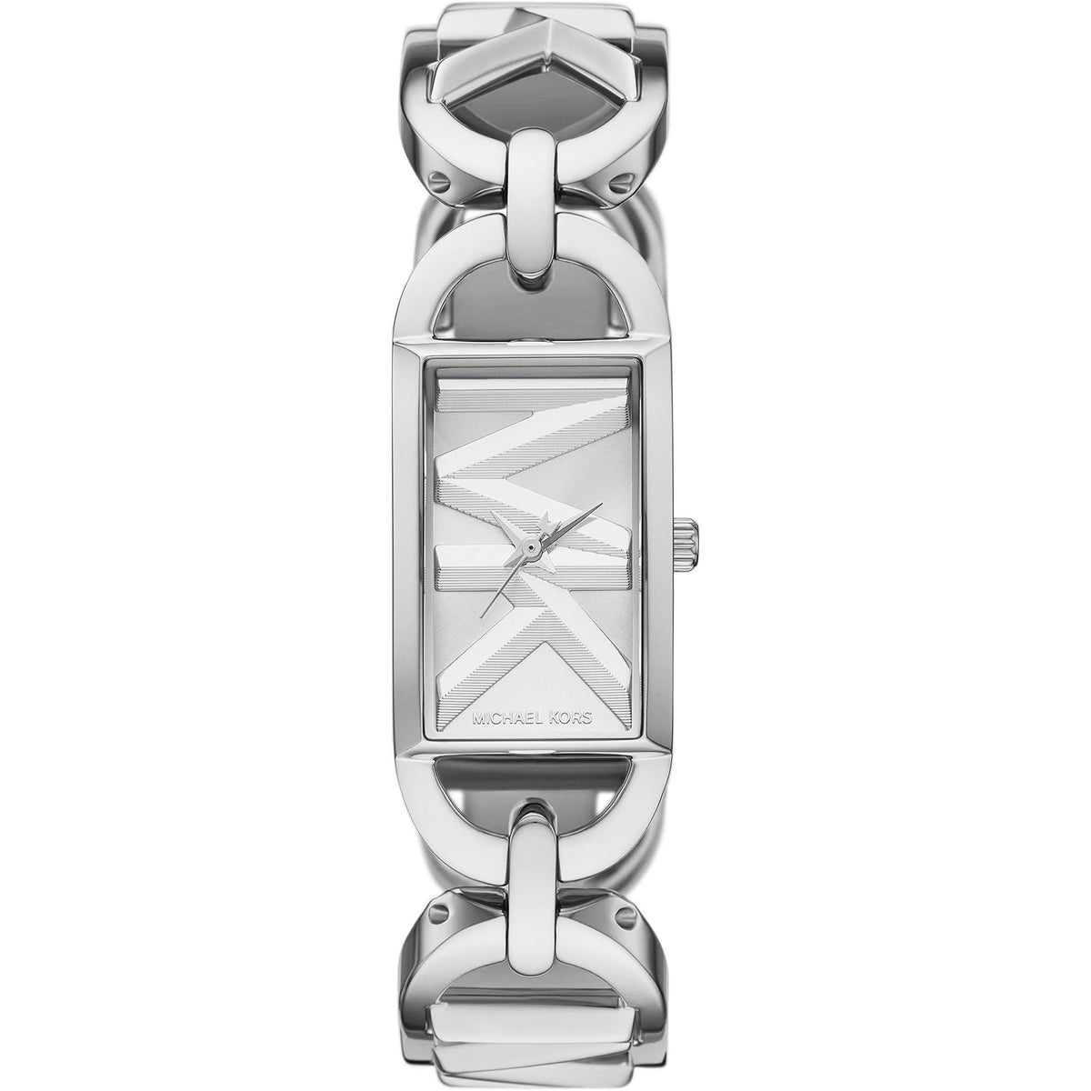 Michael Kors Empire MK7407 ladies watch front view showing a rectangular silver dial with monogram MK logo, stainless steel case, and chain link bracelet