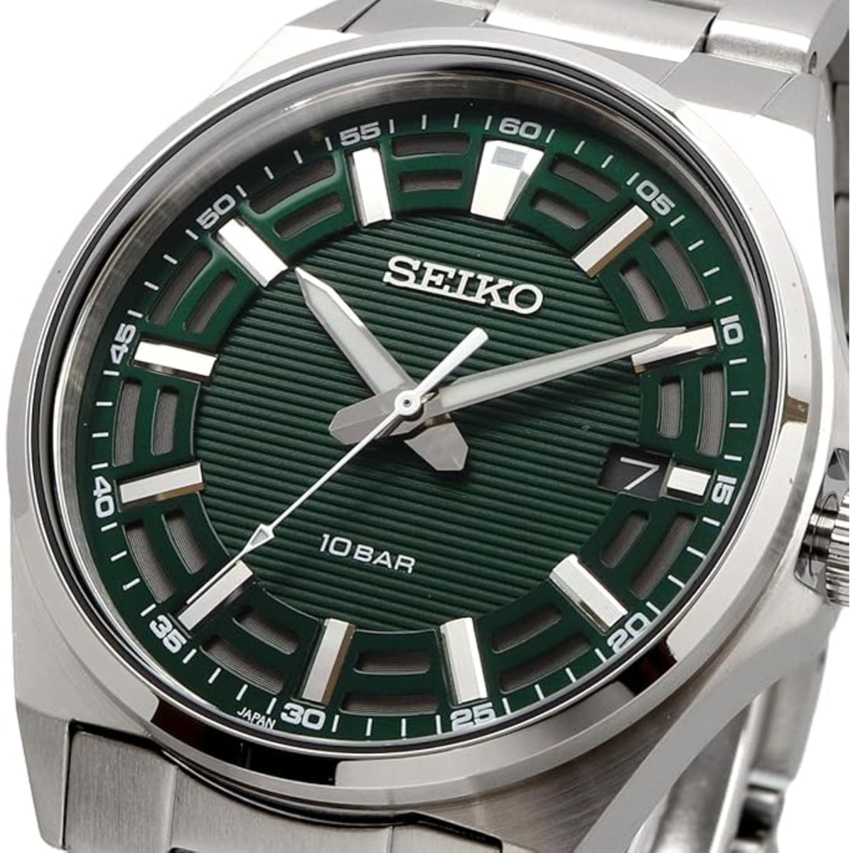 Detailed angled view of the Seiko Essentials SUR503P1 analog dress watch showing the dial texture and silver bezel
