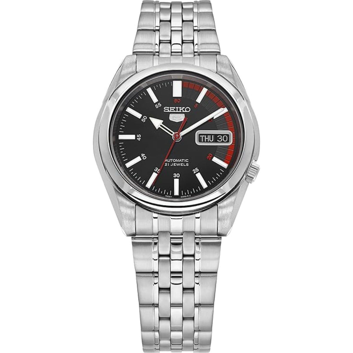 Front view of Seiko 5 automatic black dial with stainless steel strap mens watch SNK375K1