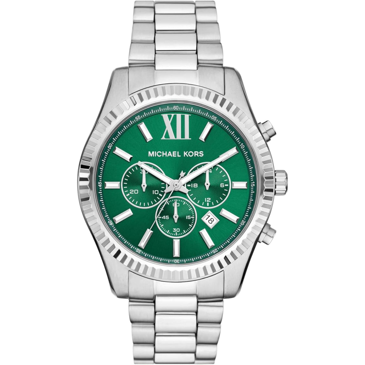 Men's chronograph watch with emerald-green dial, Roman numeral XII, and chronograph subdials