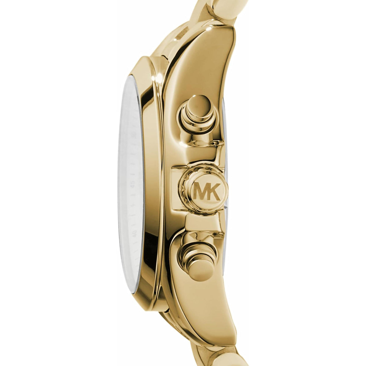 Gold-tone watch case side with crown and pushers, engraved MK, steel bracelet