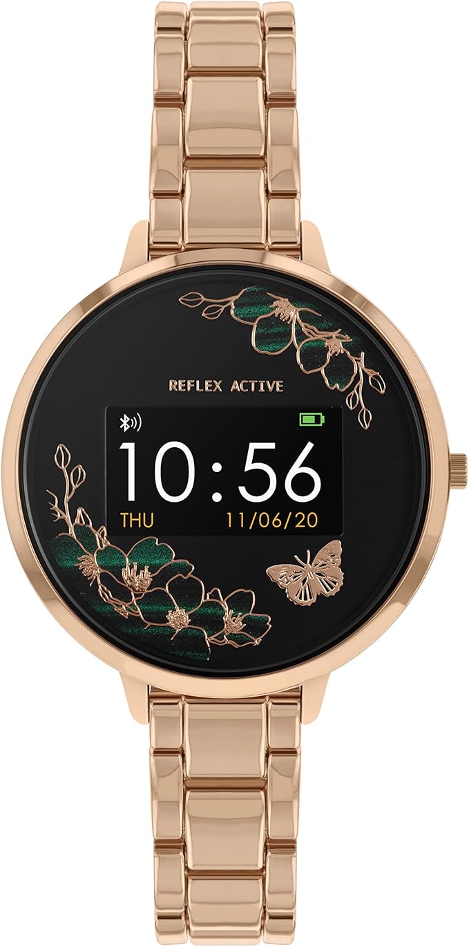 Rose gold smartwatch with black floral dial and link bracelet, showing 10:56
