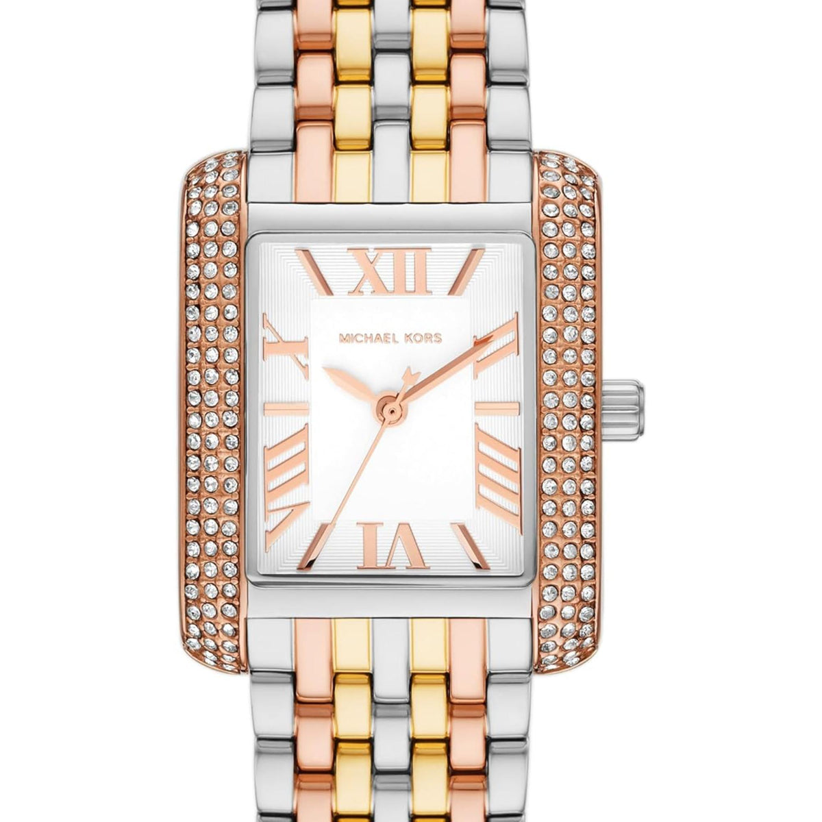 Michael Kors Emery MK4744 close-up view showing white dial with Roman numeral markers and crystal case trim