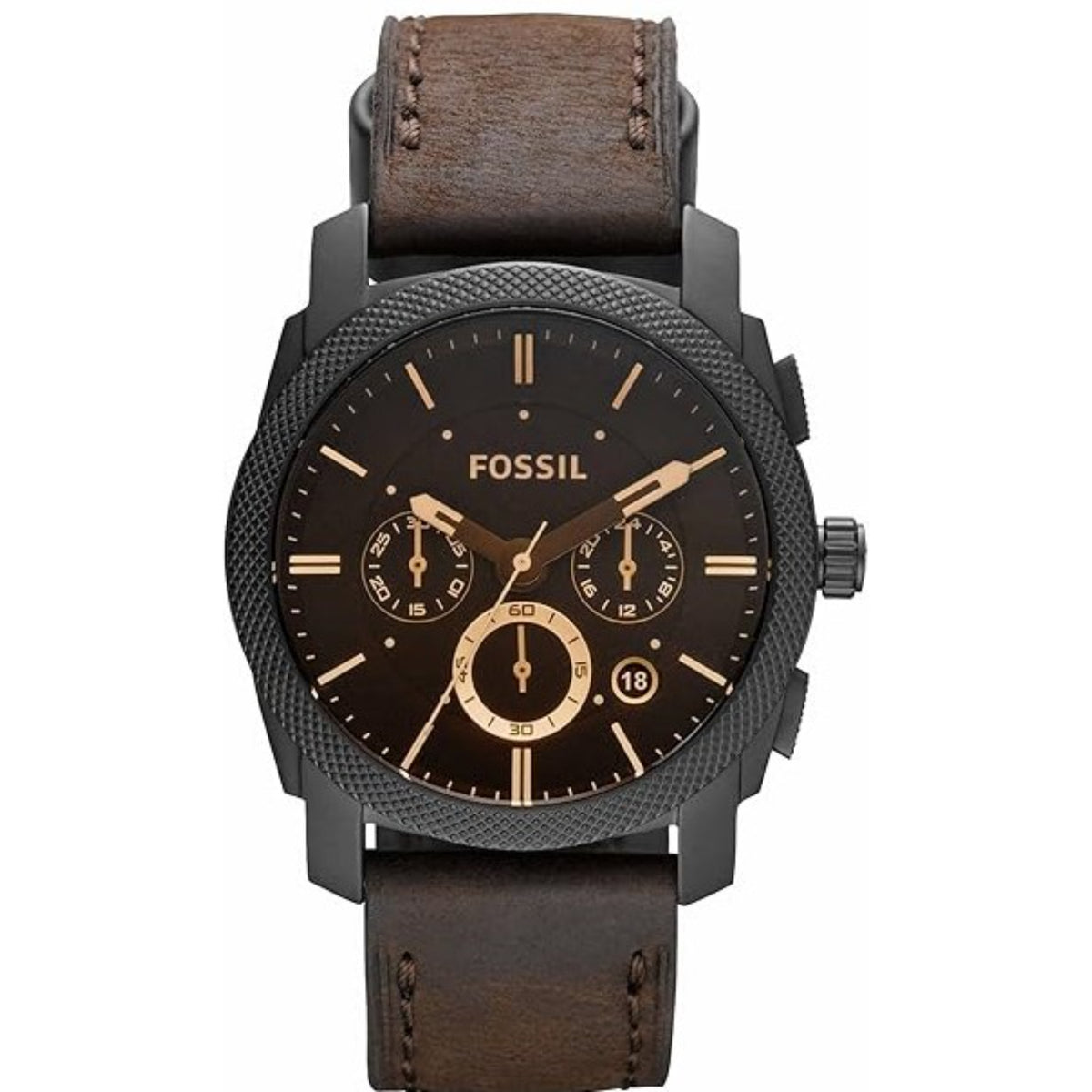 Men's chronograph quartz watch, black dial, gold subdials, brown leather strap