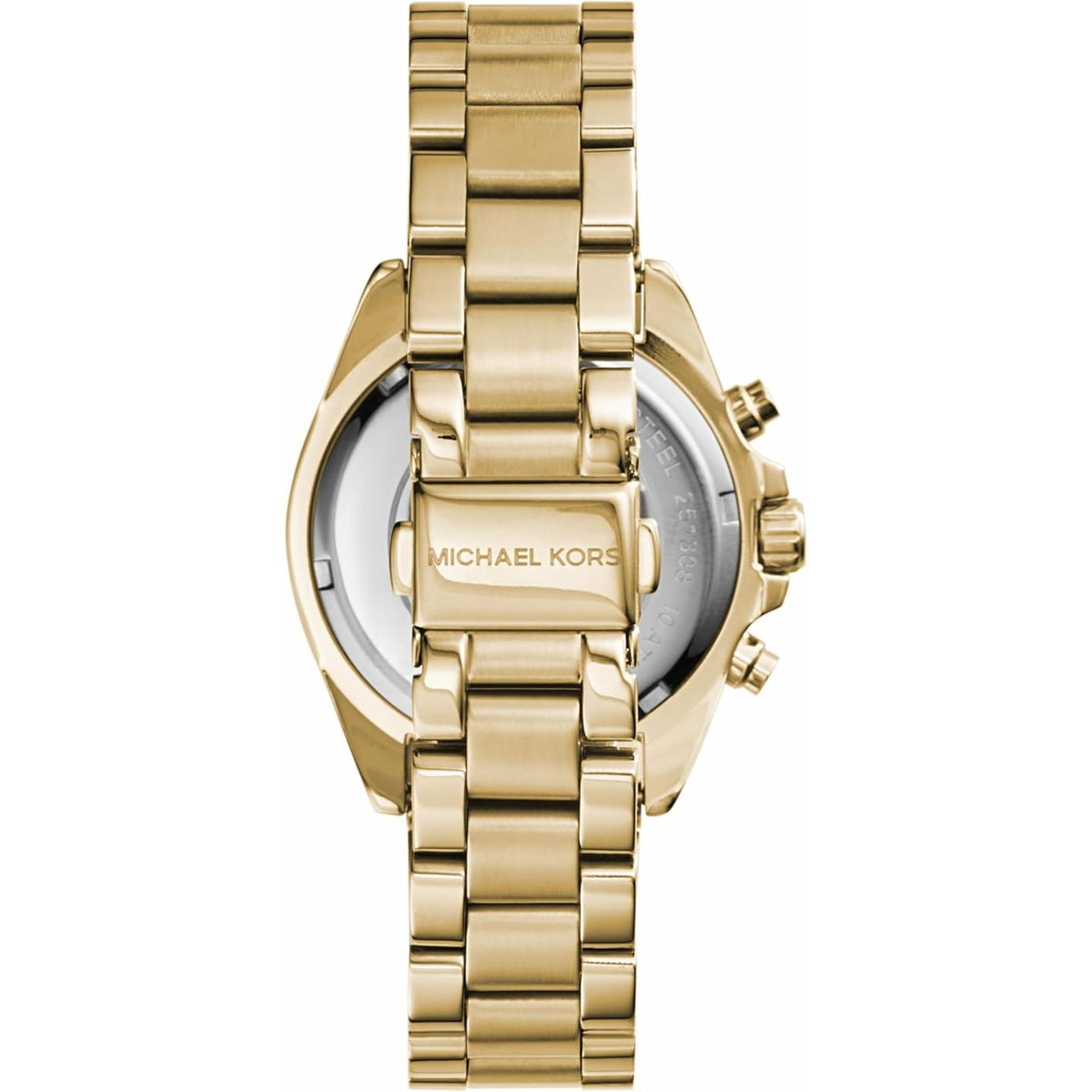 Gold-tone watch side view with crown and pushers, steel bracelet, cream dial