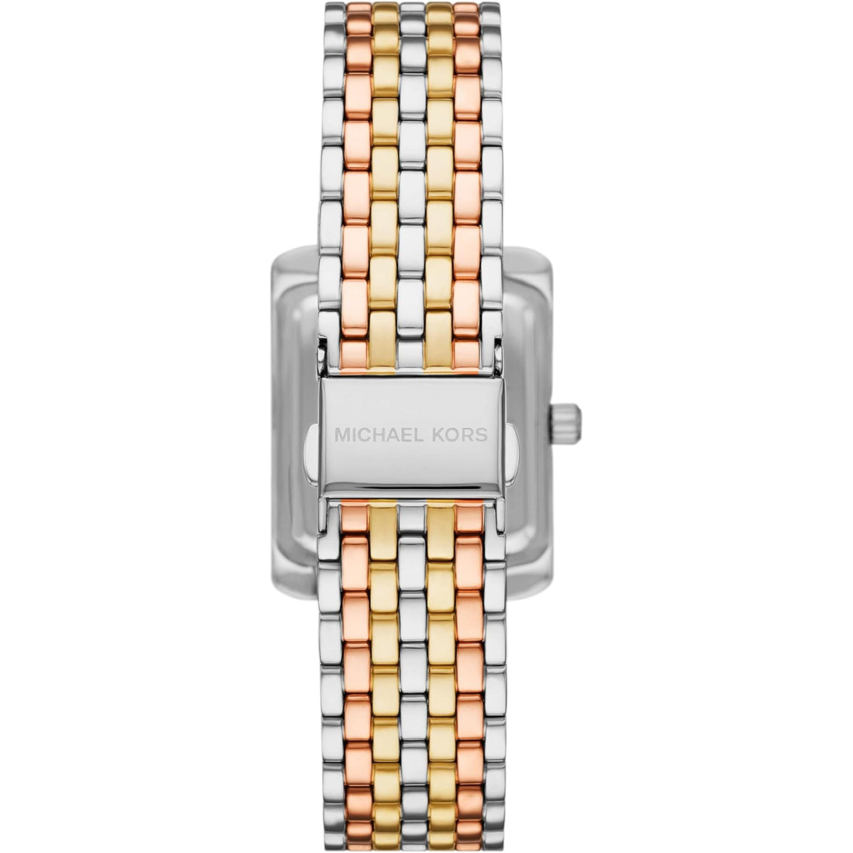 Michael Kors Emery MK4744 rear view displaying tri-tone stainless steel bracelet with engraved logo deployment clasp