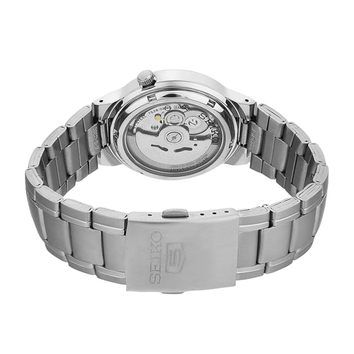 Rear view of Seiko 5 SNKA05K1 mens automatic timepiece showcasing the transparent case back and clasp