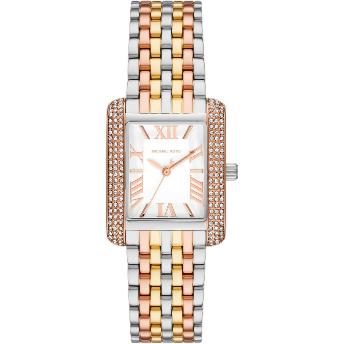 Michael Kors Emery MK4744 full view of white dial rectangular watch with tri-tone stainless steel strap