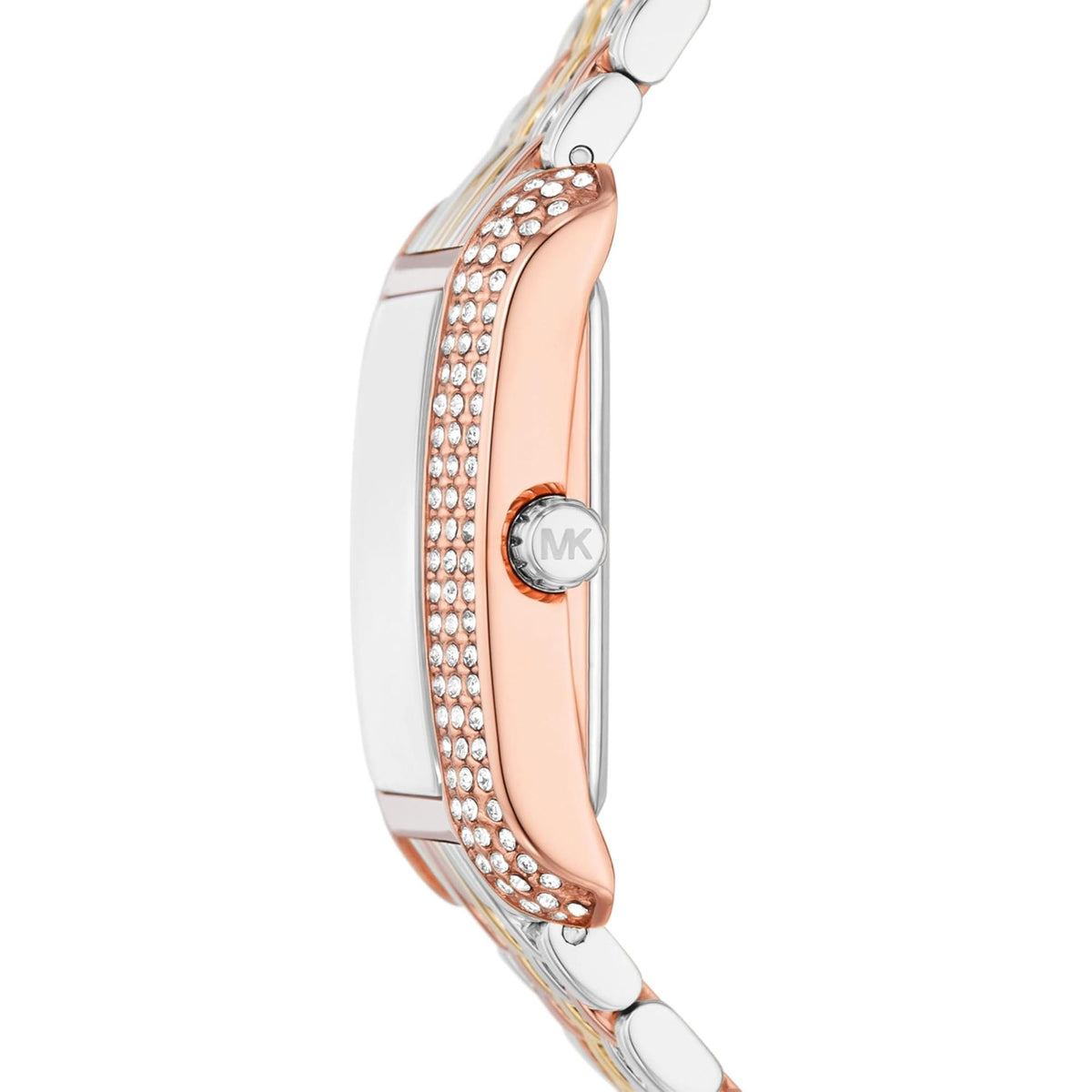 Michael Kors Emery MK4744 side profile highlighting slim watch case and MK engraved crown