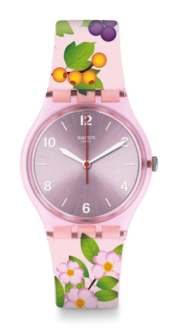 Girls pink silicone strap watch with purple dial and berry-themed face