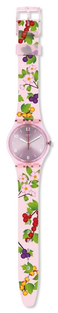 Girls pink silicone strap watch, berry floral pattern on band, round purple dial