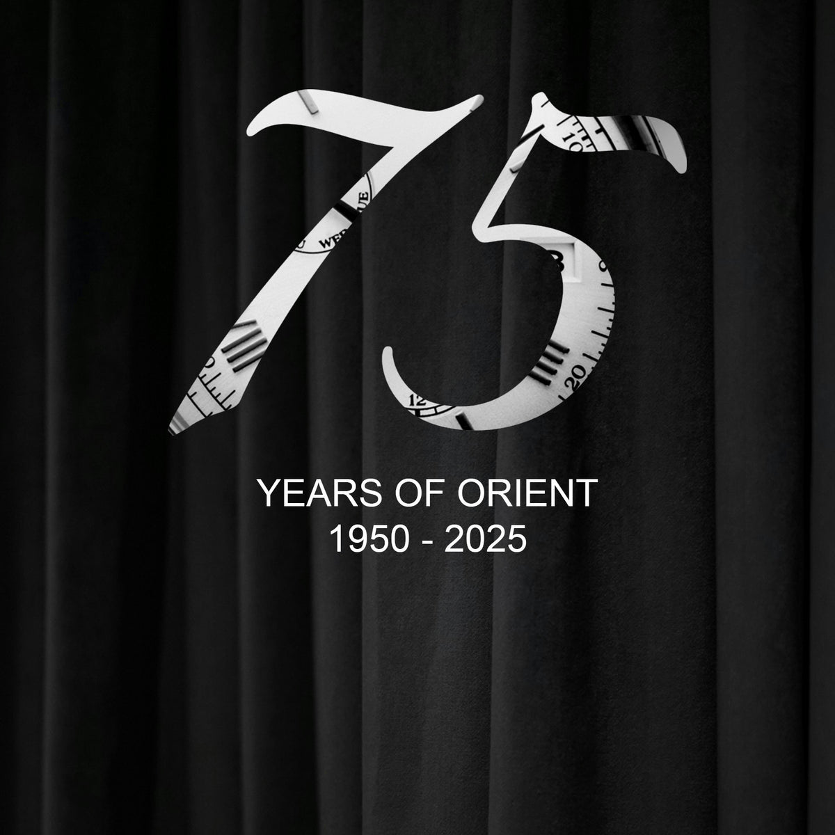 Black curtain backdrop with large 75th anniversary emblem celebrating 75 years of Orient watches from 1950 to 2025