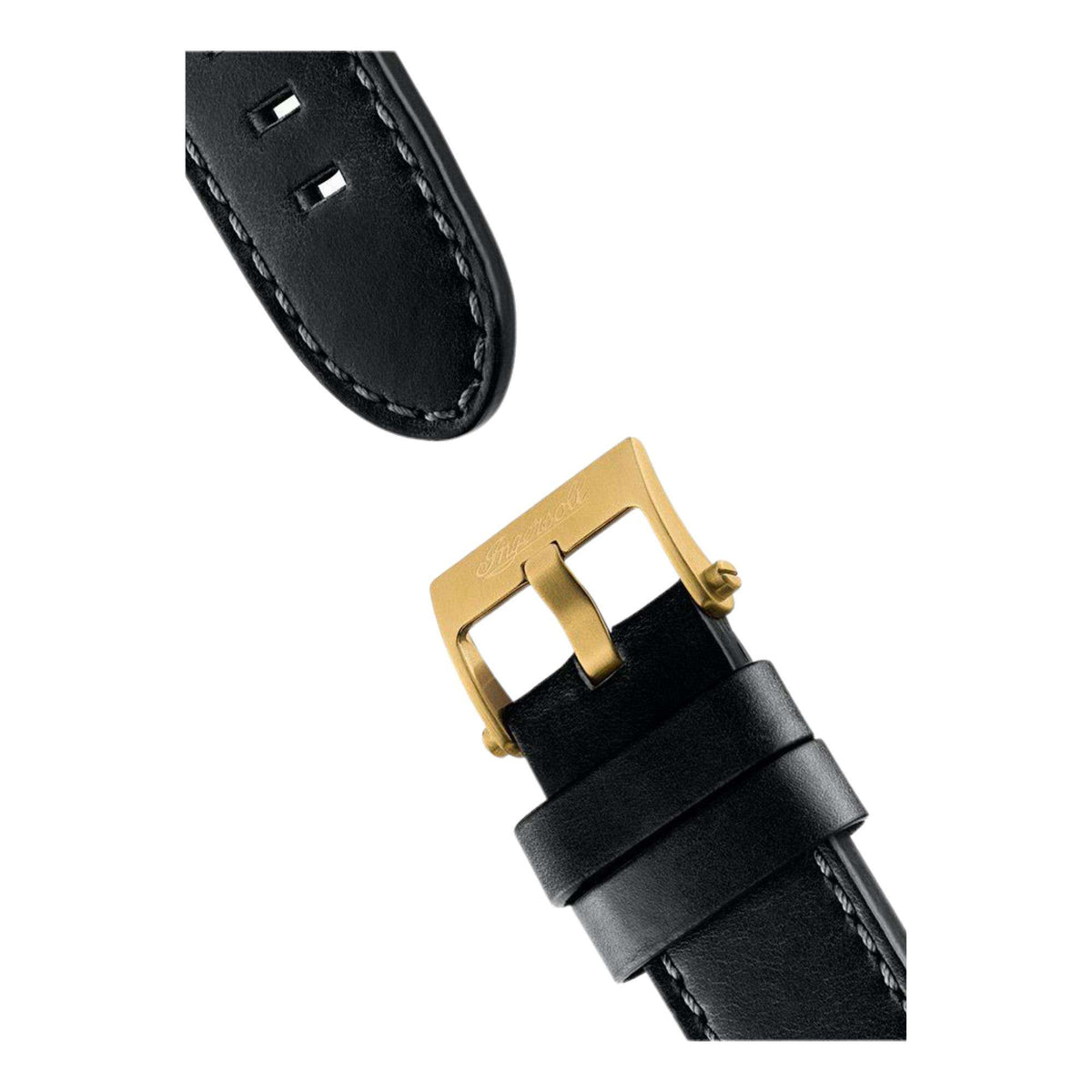 Black leather watch strap with gold-tone buckle and stitched edges