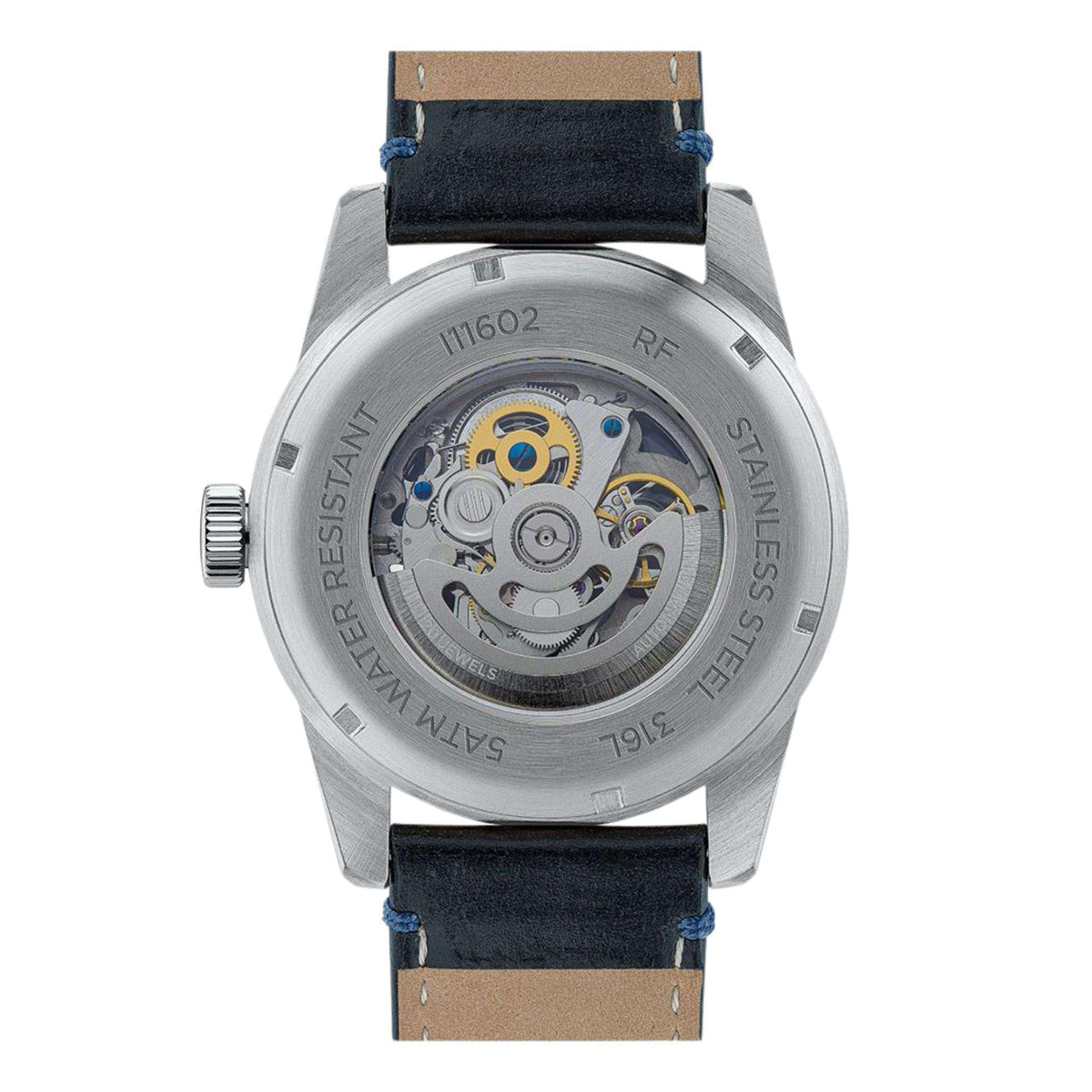 Men’s watch case back with engraved text and blue leather strap; visible internal movement.