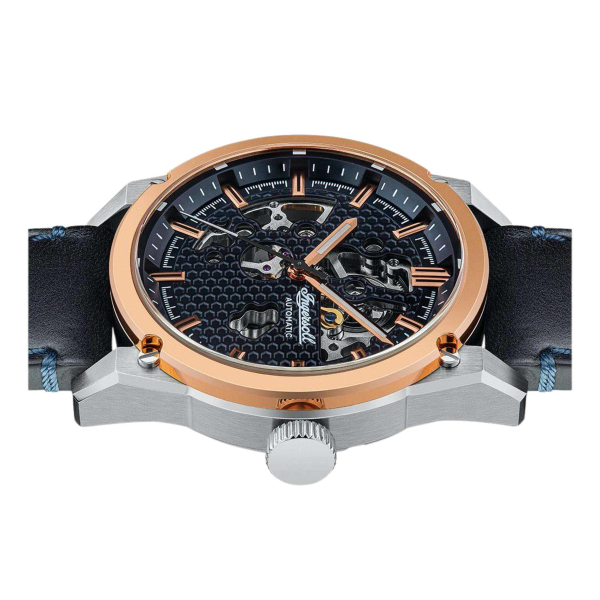 Round men’s automatic watch showing blue skeleton dial and rose-gold bezel over metal case.