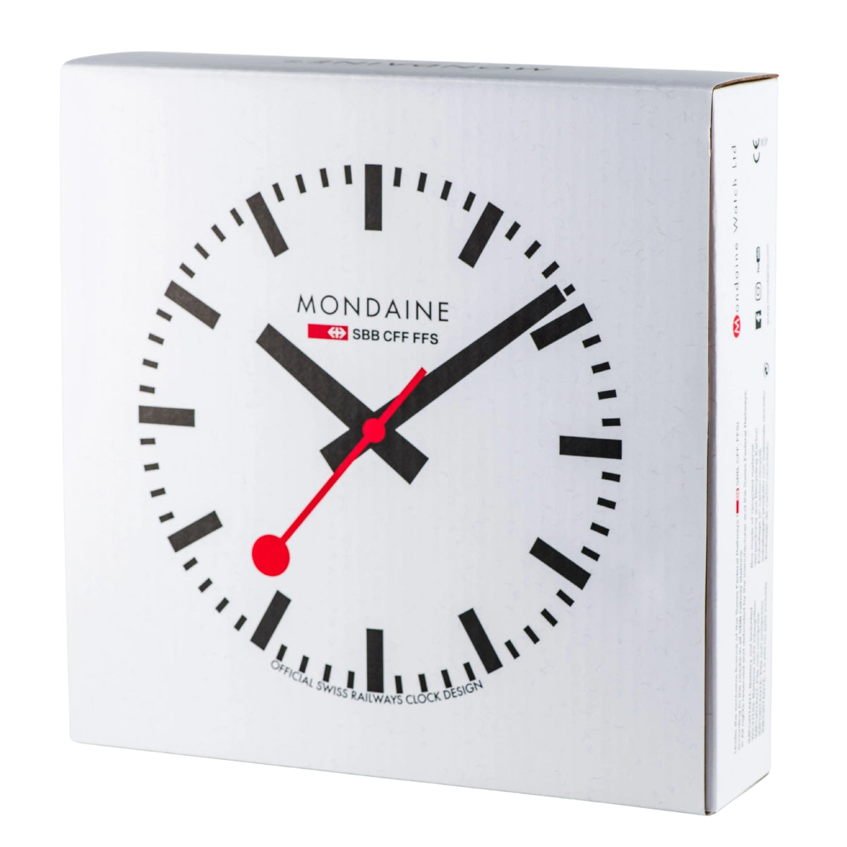 25 cm wall clock in box, white dial with black markers and red second hand, silver case
