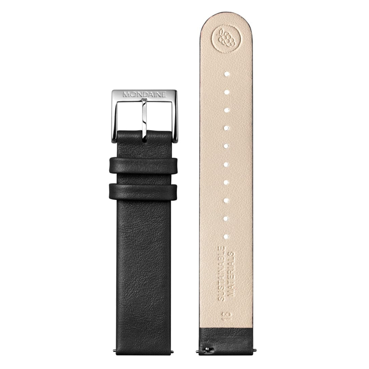 Detailed view of Mondaine Evo2 MSE.35110.LBV eco-friendly strap showing a smooth black vegan outer finish and stamped sustainable backing