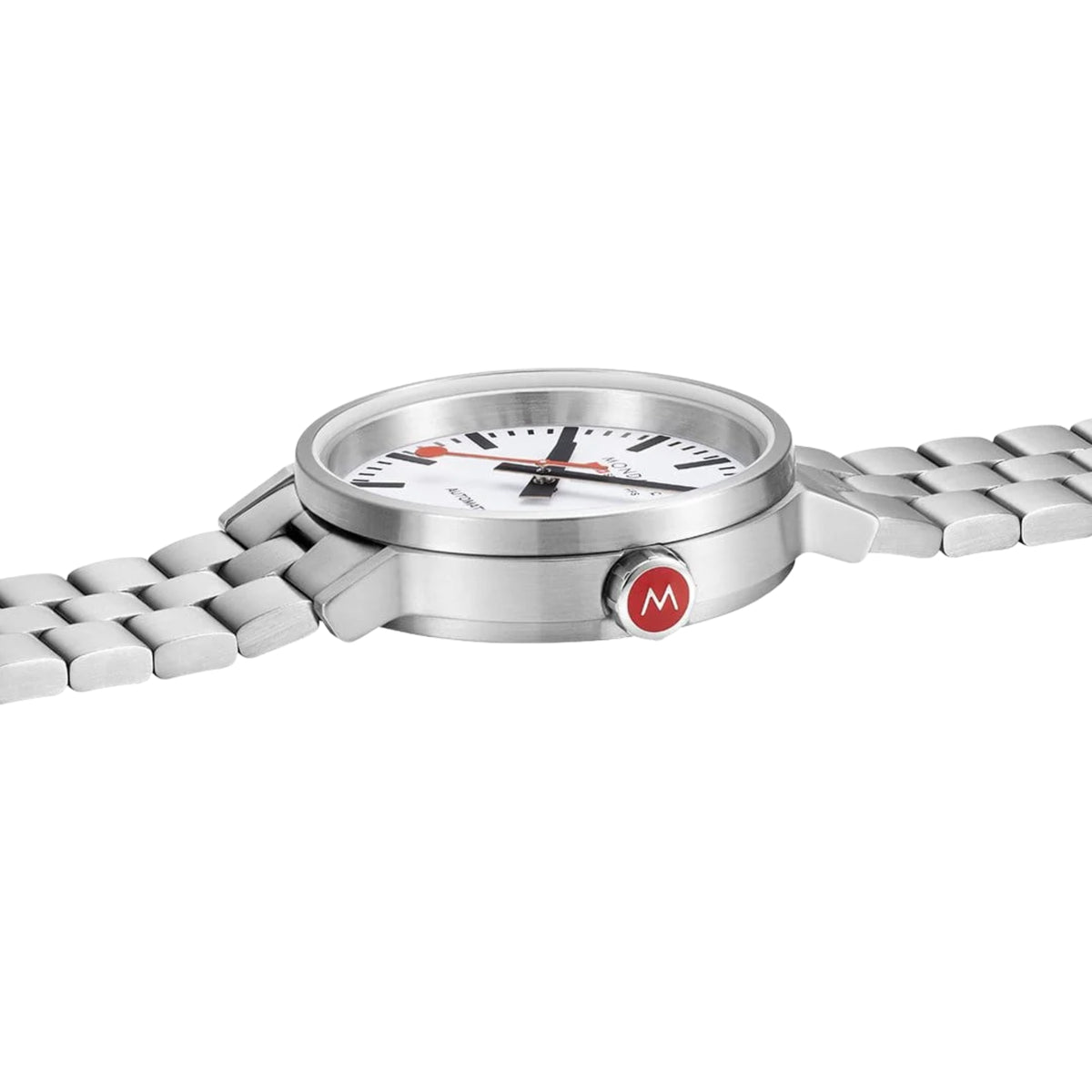 Stainless steel automatic watch with white dial and metal link bracelet