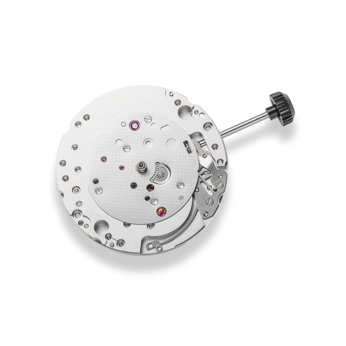 Nivada Grenchen F77 MK2 68054A77-DR isolated view of unmounted automatic watch movement with winding stem attached