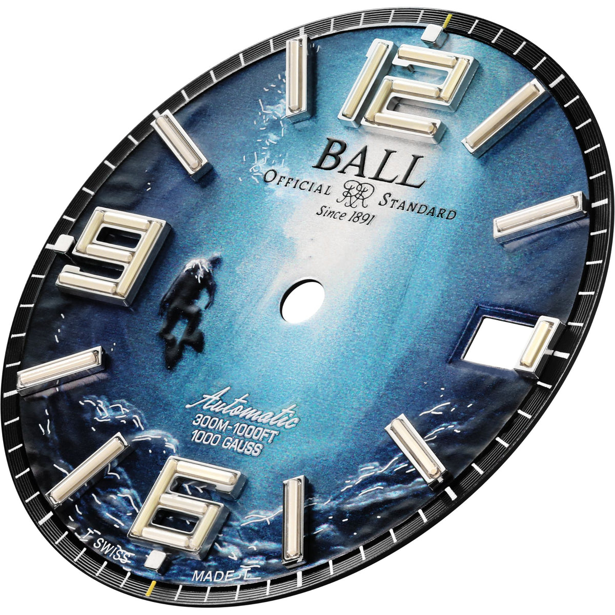An angled, close-up shot of the dial from a BALL Engineer Master II Diver (DM2280A-S8-BE)
