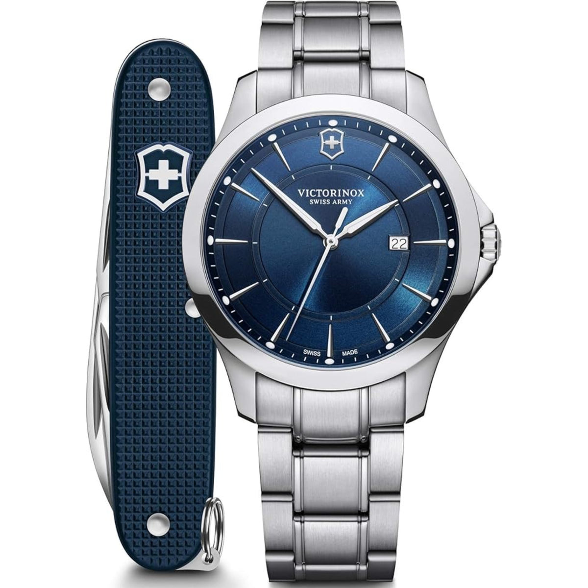 Men's stainless steel quartz watch with blue dial, date window, and metal bracelet